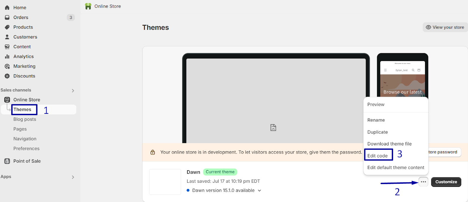 Click “Themes,” then click the … button and choose “Edit Code.”